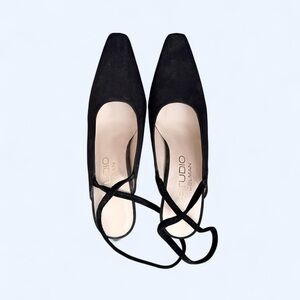 Black suede Studio Delman ankle strap heeled pumps